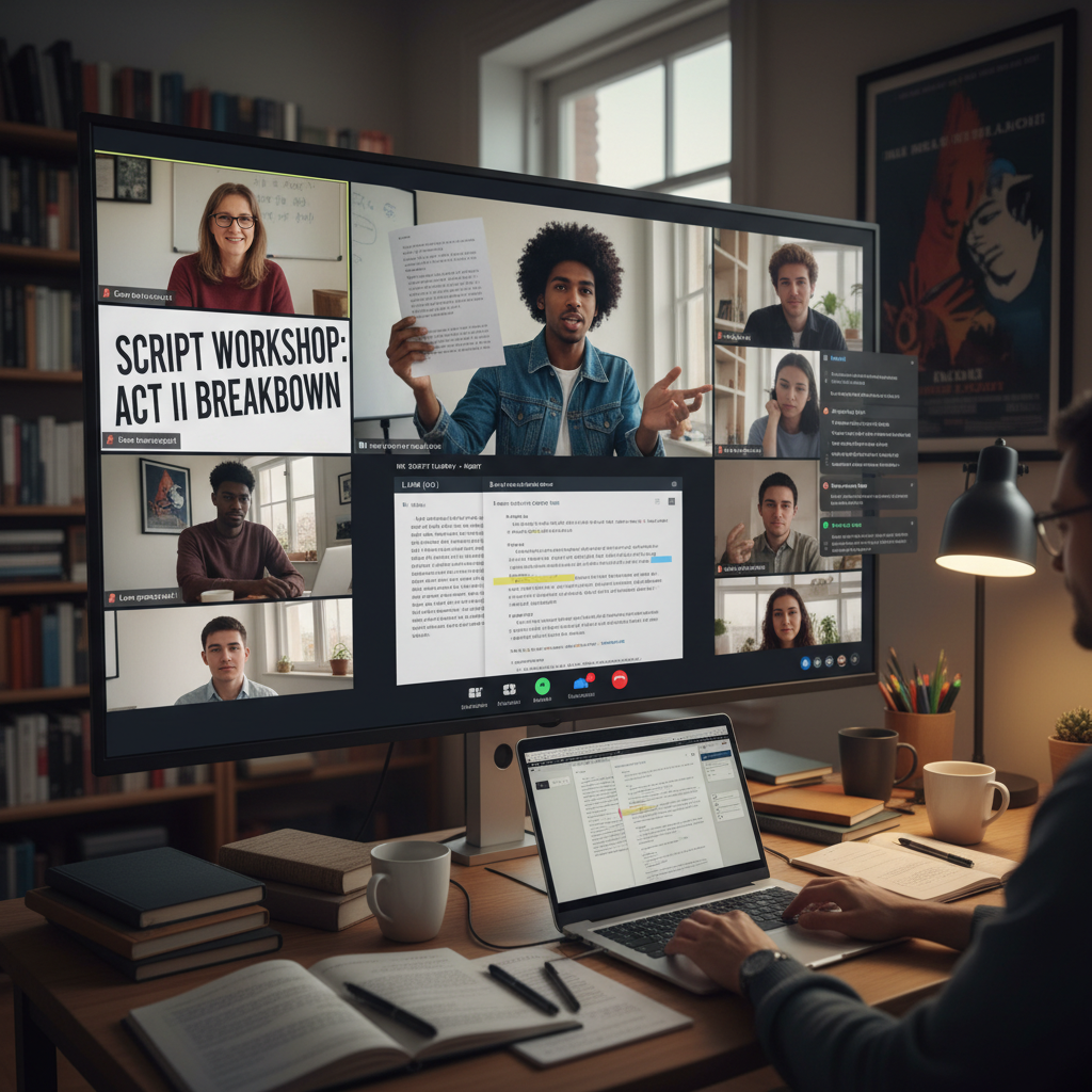 A person sits at a desk working on a laptop while viewing a video conference call about a script workshop on a large computer monitor.